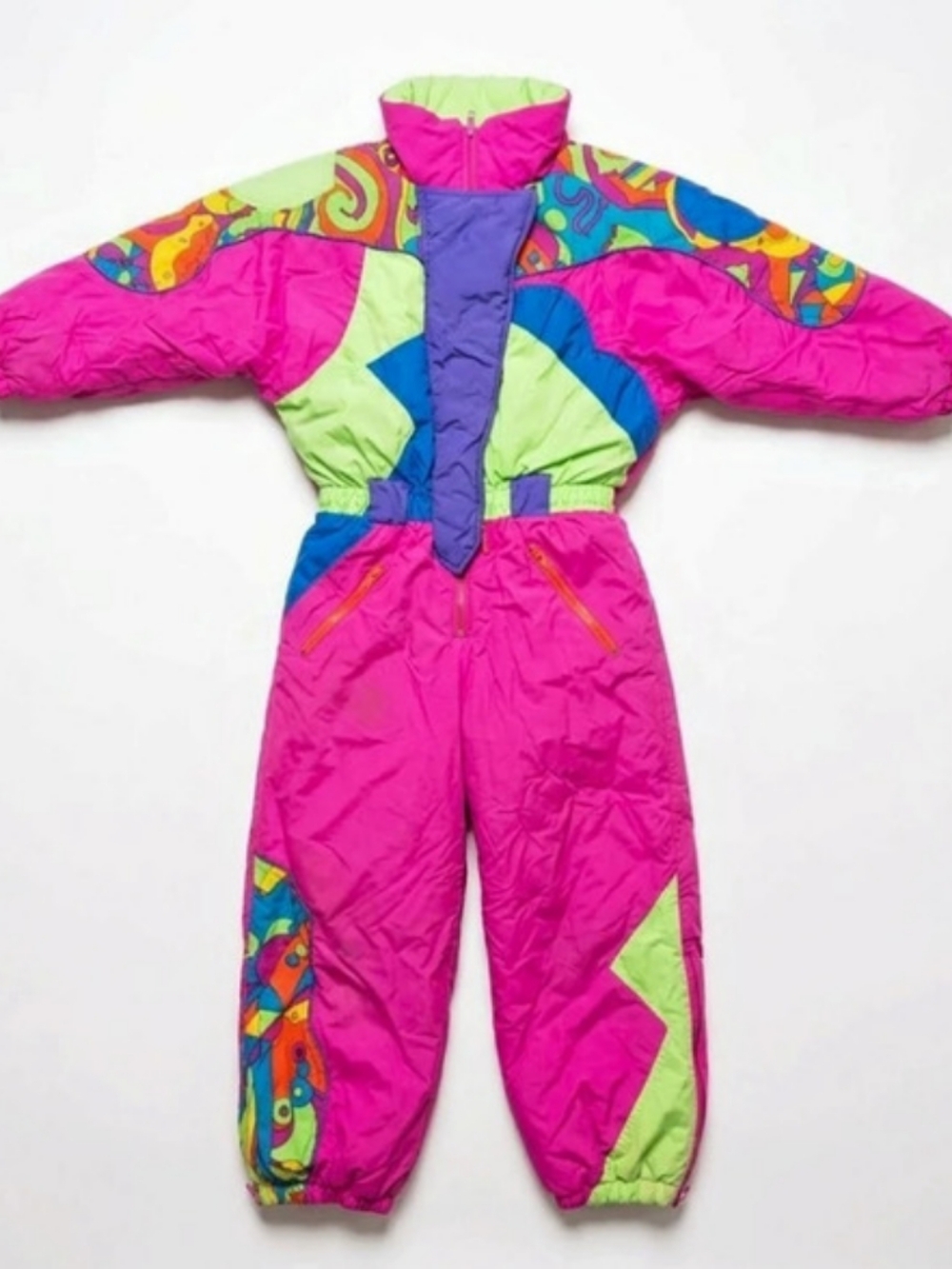 Vintage BADGE Neon One Piece Ski Suit 80s 90s Retro Colorblock Snowsuit 6X